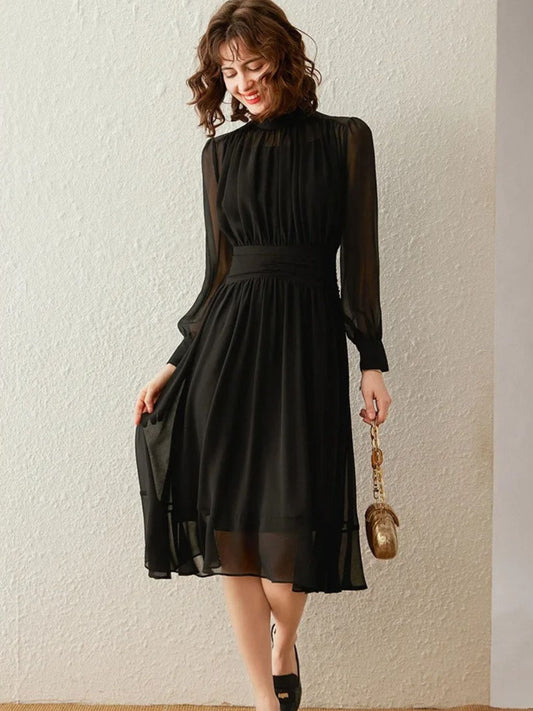 Transparante Mouwen Midi Jurk met Hoge Hals – Elegante Keuze voor Elke Gelegenheid