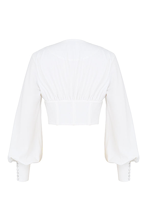 Havindra - Witte Cropped Top met Diepe Hals en Veterdetail
