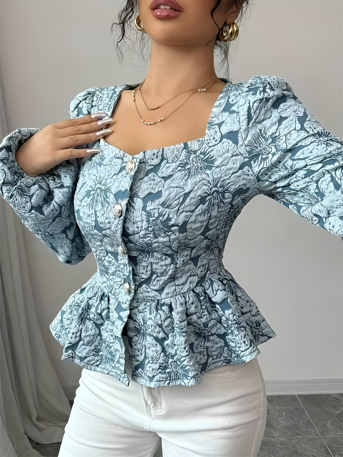 Bijou - Jacquard Blouse met Sweetheart Hals
