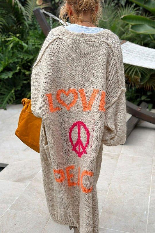 Giulietta - Vintage Oversized Cardigan met "Love & Peace" Bedrukking