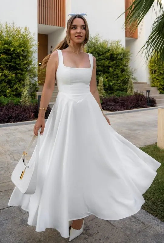 Sophie - Midi-jurk met Vierkante Hals en Hoge Taille