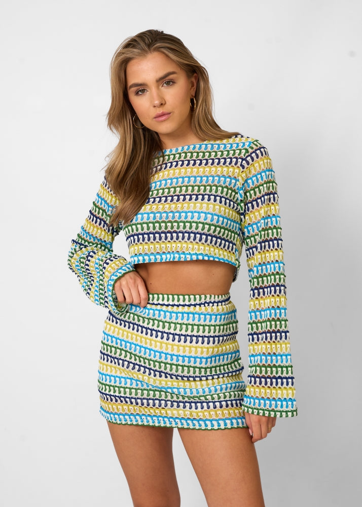 Evelien - Set van Gebreide Crop Top met Lange Mouwen en Hoge Taille Mini Rok