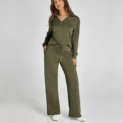 Dames Luxe Loungewear Set – Comfy V-hals Top en Broek van Zacht Katoen, Perfect voor Thuis en Ontspanning