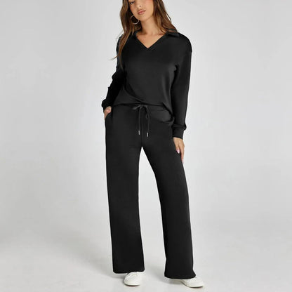 Dames Luxe Loungewear Set – Comfy V-hals Top en Broek van Zacht Katoen, Perfect voor Thuis en Ontspanning