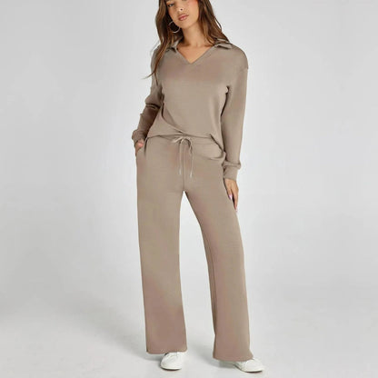 Dames Luxe Loungewear Set – Comfy V-hals Top en Broek van Zacht Katoen, Perfect voor Thuis en Ontspanning