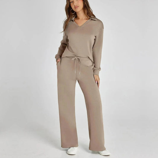 Dames Luxe Loungewear Set – Comfy V-hals Top en Broek van Zacht Katoen, Perfect voor Thuis en Ontspanning