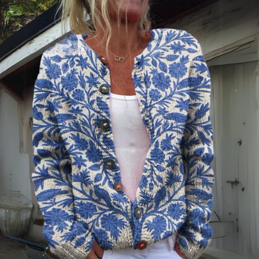 Gebreide Cardigan met Knopen en Bloemenprint – Comfortabele Damestrui voor Alle Seizoenen