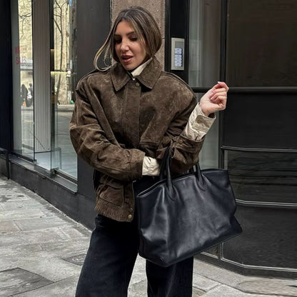 Dames Oversized Suede Jas – Beige, Lichtgewicht Herfstjack voor Casual en Avondkleding