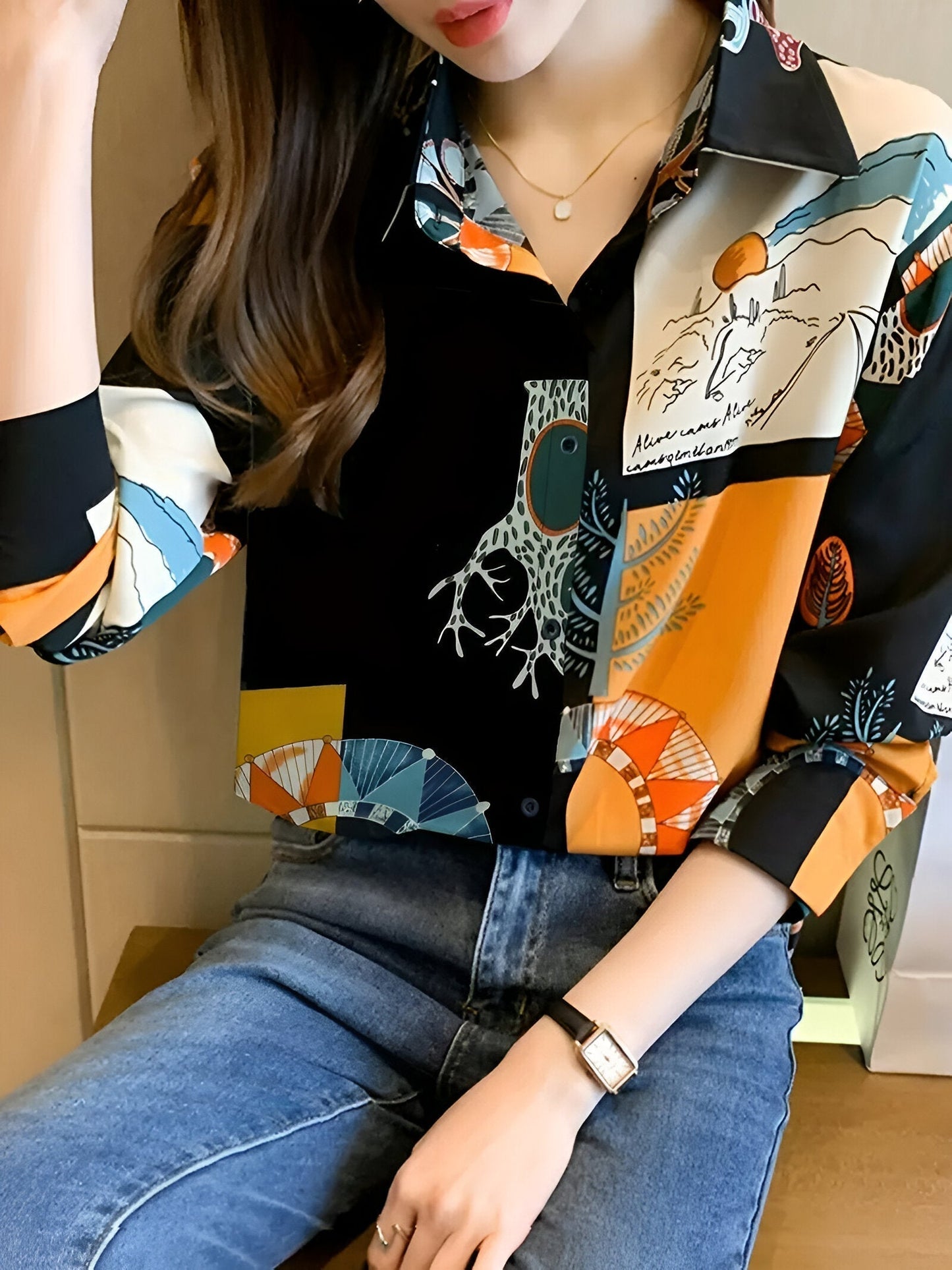 Birdie - Vintage Blouse met Natuurprint