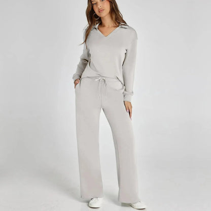 Dames Luxe Loungewear Set – Comfy V-hals Top en Broek van Zacht Katoen, Perfect voor Thuis en Ontspanning
