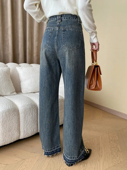 Rina | Vintage Denim Wide Leg Jeans met Knopen