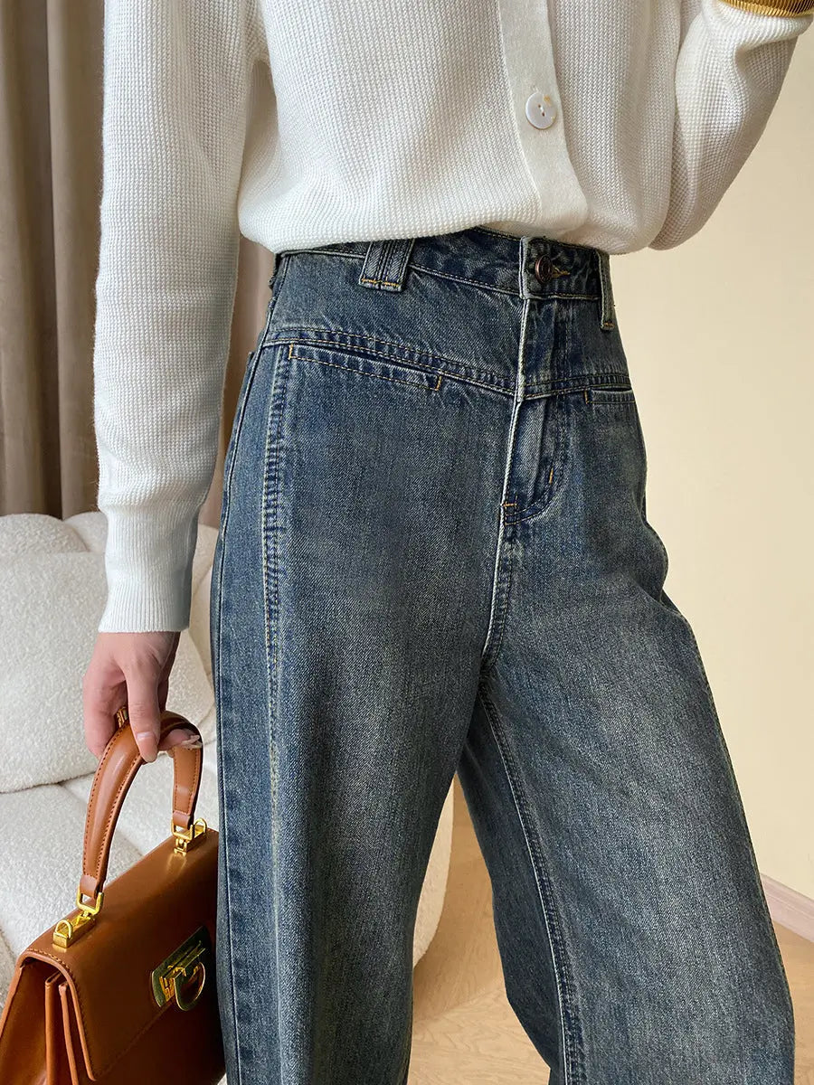 Rina | Vintage Denim Wide Leg Jeans met Knopen