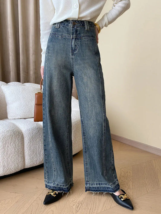 Rina | Vintage Denim Wide Leg Jeans met Knopen