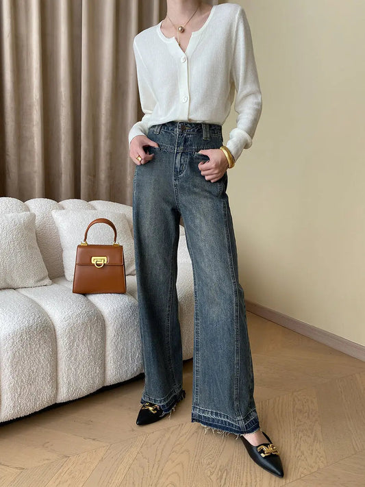 Rina | Vintage Denim Wide Leg Jeans met Knopen