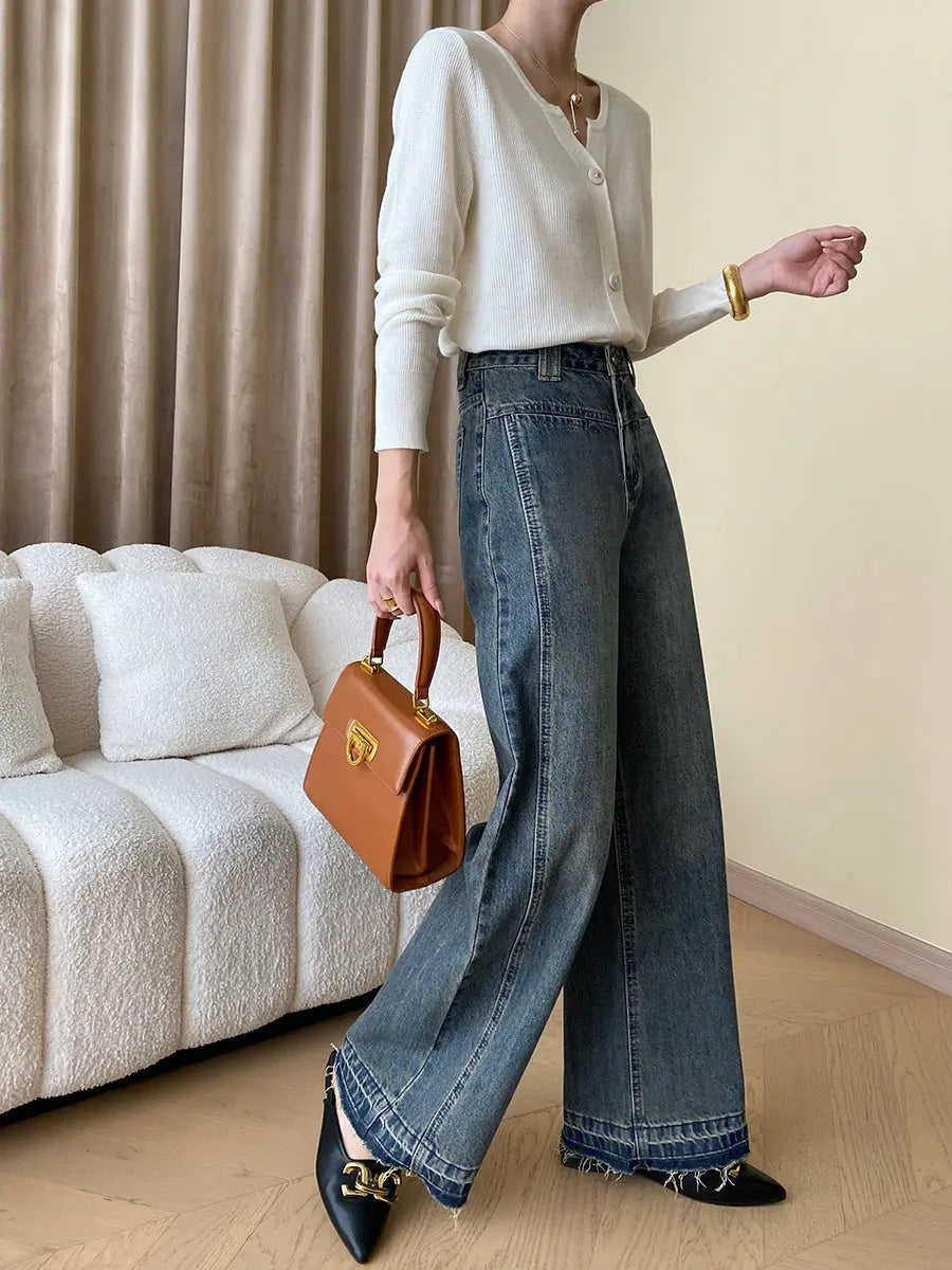 Rina | Vintage Denim Wide Leg Jeans met Knopen