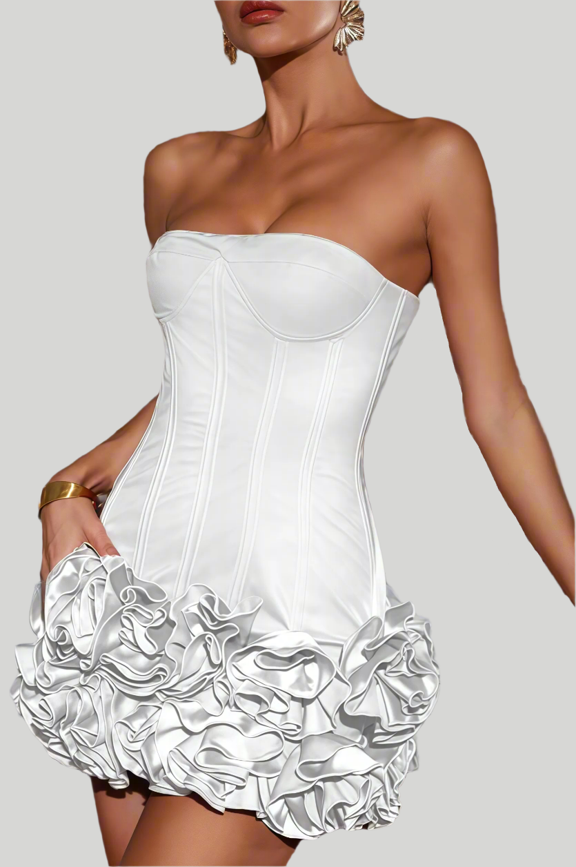 Isa - Strapless Mini Jurk met Gebloemde Onderrand