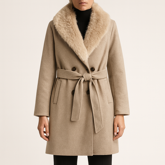 Dames Lange Wollen Jas met Synthetische Bontkraag – Wit, Warm en Stijlvol voor Herfst en Winter