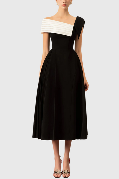 Liv - Gedurfde Zwart-Witte Midi-Jurk met Eén Schouder