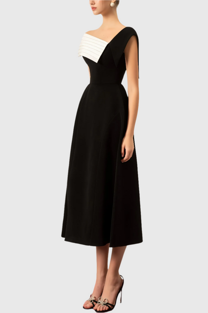 Liv - Gedurfde Zwart-Witte Midi-Jurk met Eén Schouder