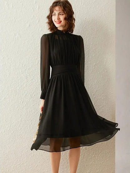 Transparante Mouwen Midi Jurk met Hoge Hals – Elegante Keuze voor Elke Gelegenheid