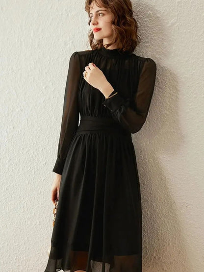 Transparante Mouwen Midi Jurk met Hoge Hals – Elegante Keuze voor Elke Gelegenheid