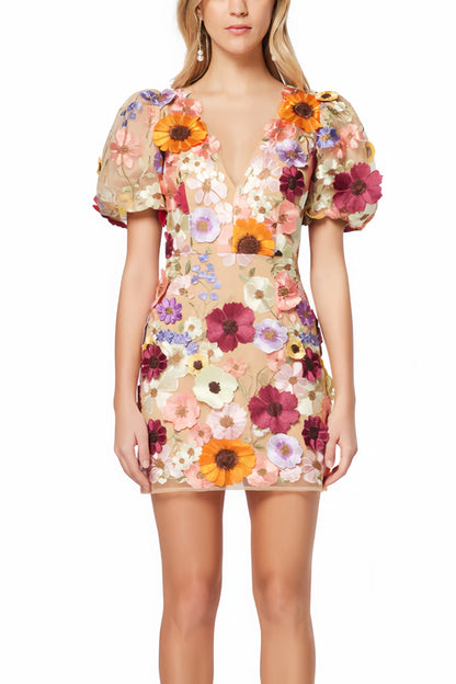 Elena - Charmante Mini Jurk met V-Hals en Bloemenprint