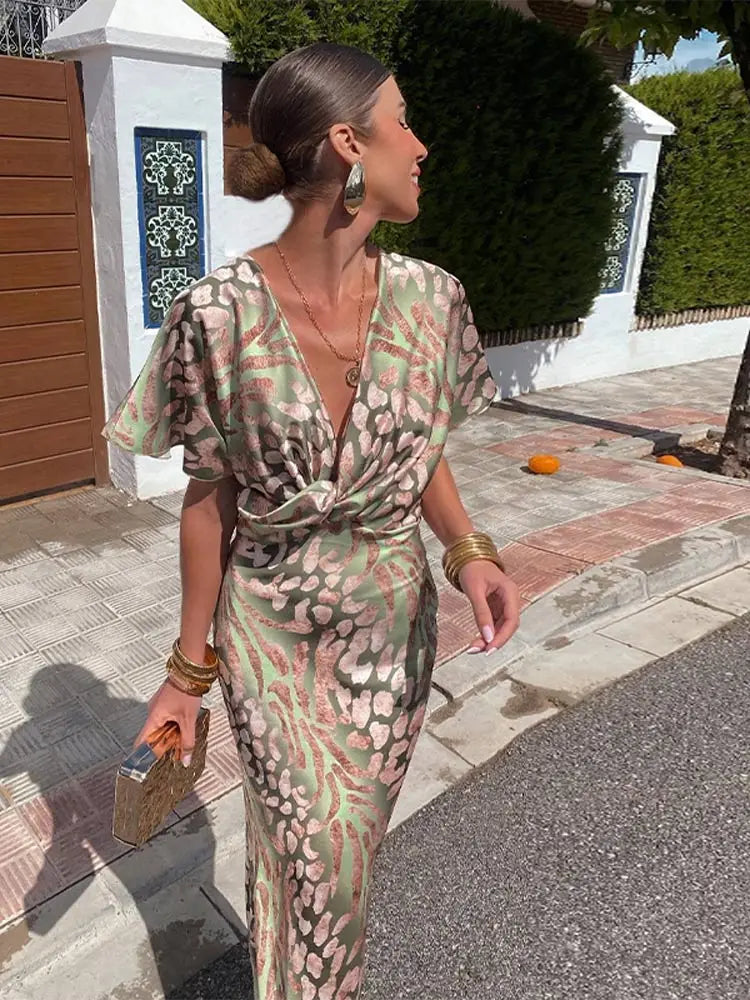 Dames Maxi Jurk – Groen met Print, Lange Damesjurk voor Casual of Feest