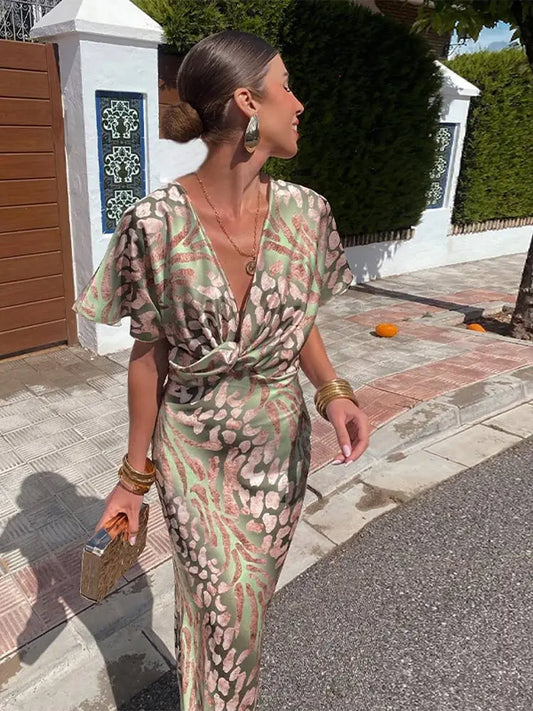 Dames Maxi Jurk – Groen met Print, Lange Damesjurk voor Casual of Feest