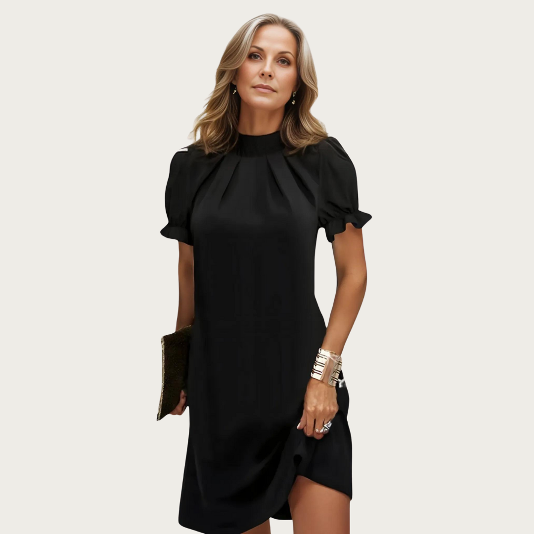 Lotte - Zwarte Midi Avondjurk met Plofmouwen