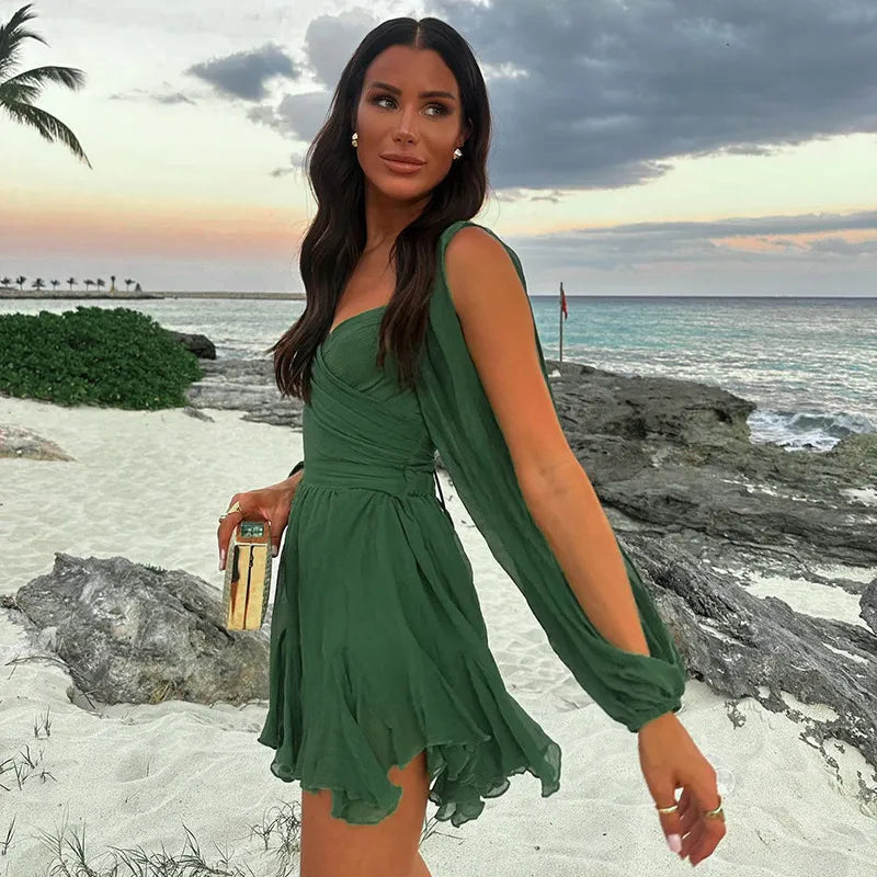 Luna - Stijlvolle A-Lijn Jurk met Diepe V-Hals en Lange Mouwen