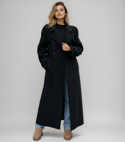 Dames Lange Double Breasted Winterjas – Zwart Wolmix, Warm en Stijlvol voor Koude Dagen