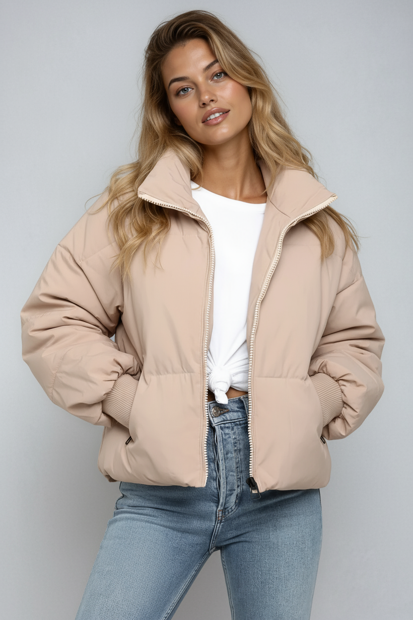 Dames Gewatteerde Puffer Jas – Kort Model met Rits, Zwart, Lichtgewicht voor Herfst en Winter