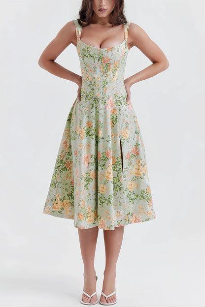 Livia - Trendy Groene Gebloemde Midi-Jurk met Split