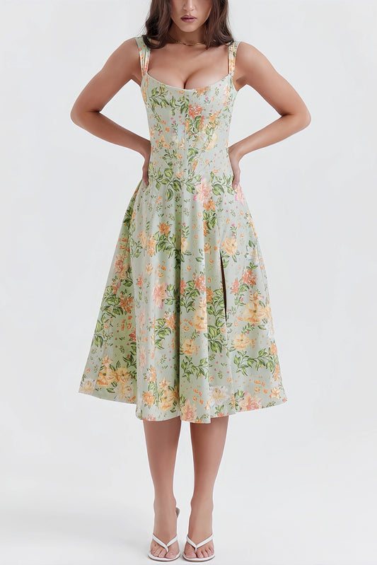 Livia - Trendy Groene Gebloemde Midi-Jurk met Split