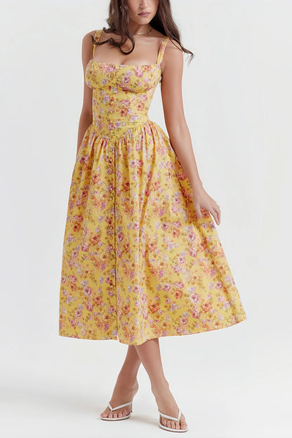 Fenna - Stijlvolle Gele Midi Jurk met Bloemenprint