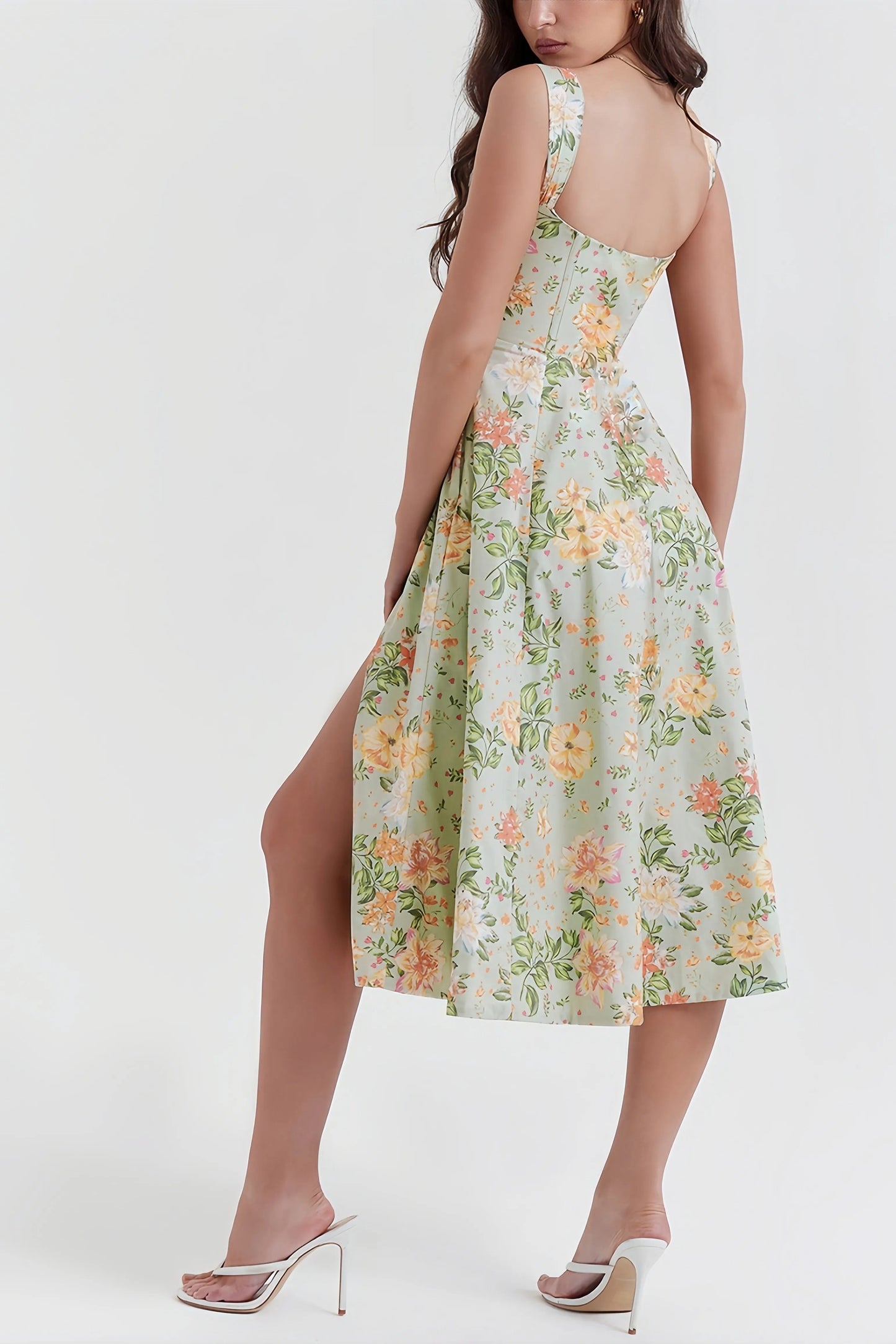 Livia - Trendy Groene Gebloemde Midi-Jurk met Split