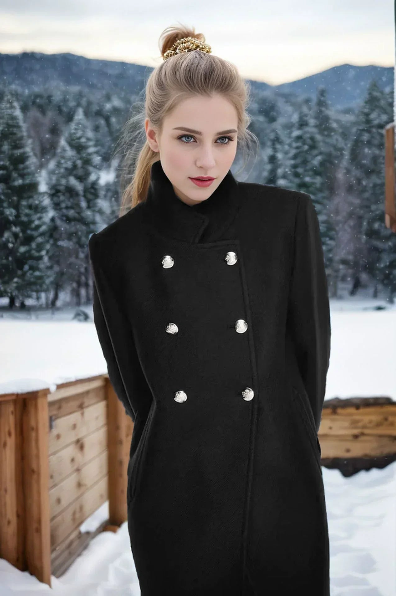 Dames Dubbelgeknoopte Wollen Jas – Hoge Kraag, Warm en Stijlvol voor Herfst en Winter