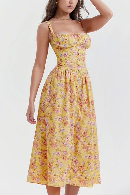 Fenna - Stijlvolle Gele Midi Jurk met Bloemenprint