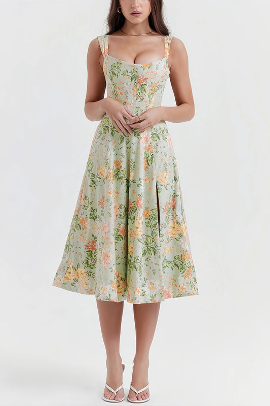 Livia - Trendy Groene Gebloemde Midi-Jurk met Split