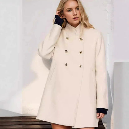 Dames Dubbelgeknoopte Wollen Jas – Hoge Kraag, Warm en Stijlvol voor Herfst en Winter