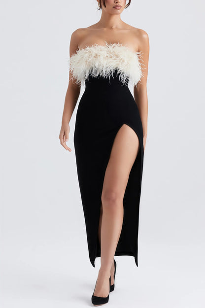 Tess - Duurzame Midi Jurk met Hoge Split en Veren Detailing