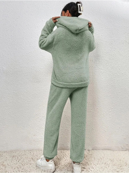 Dames Teddy Fleece Huispak met Capuchon – 2-delige Loungewear Set voor Winter en Herfst