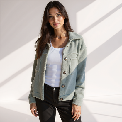 Dames Zachte Teddy Herfstjas – Beige, Knopen en Zakken, Ideaal voor Casual en Tussenseizoen