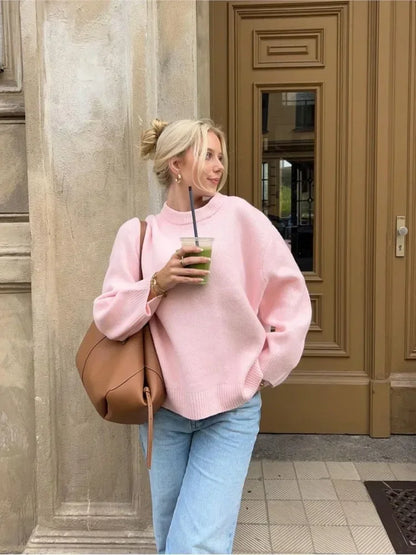 Dames Gebreide Pullover Trui – Roze, Casual voor Herfst en Winter
