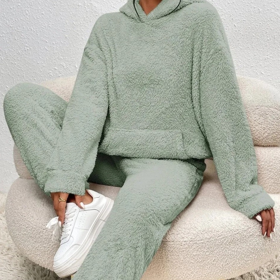 Dames Teddy Fleece Huispak met Capuchon – 2-delige Loungewear Set voor Winter en Herfst
