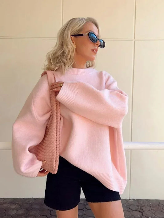 Dames Gebreide Pullover Trui – Roze, Casual voor Herfst en Winter