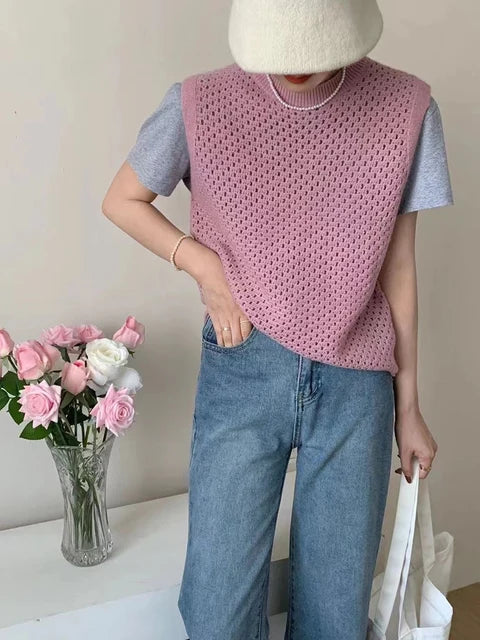 Danique - Mouwloze Gebreide Trui met Ronde Hals