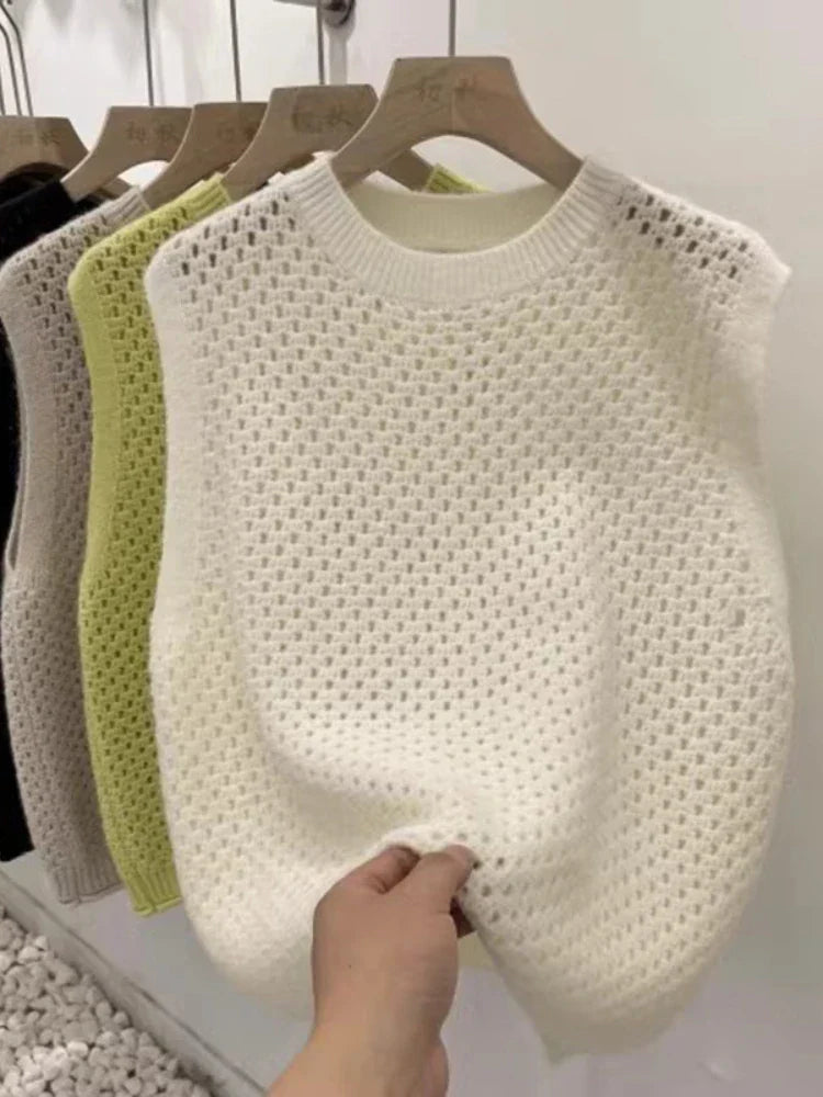 Danique - Mouwloze Gebreide Trui met Ronde Hals