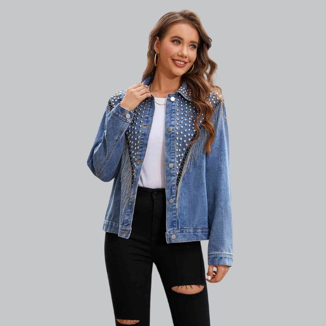 Livia - Chic Denimjasje met Parels