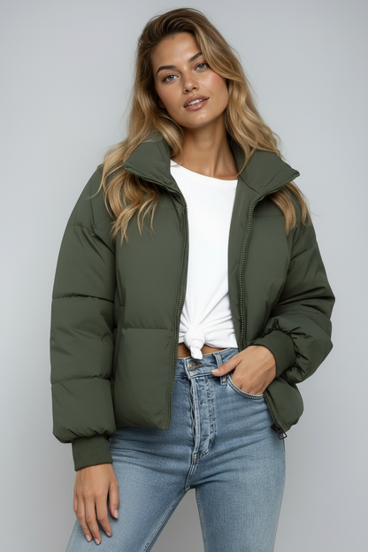 Dames Gewatteerde Puffer Jas – Kort Model met Rits, Zwart, Lichtgewicht voor Herfst en Winter